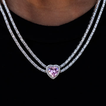 Pink Heart Diamond Double Row Tennis Necklace in White Gold