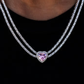 Pink Heart Diamond Double Row Tennis Necklace in White Gold