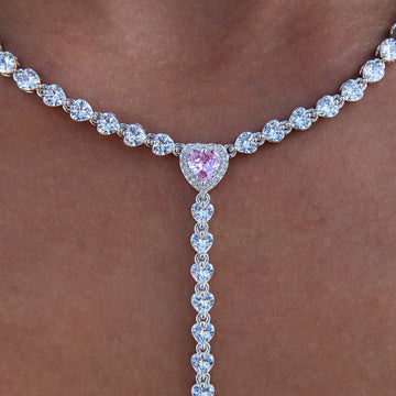 Pink Heart Lariat Necklace in White Gold
