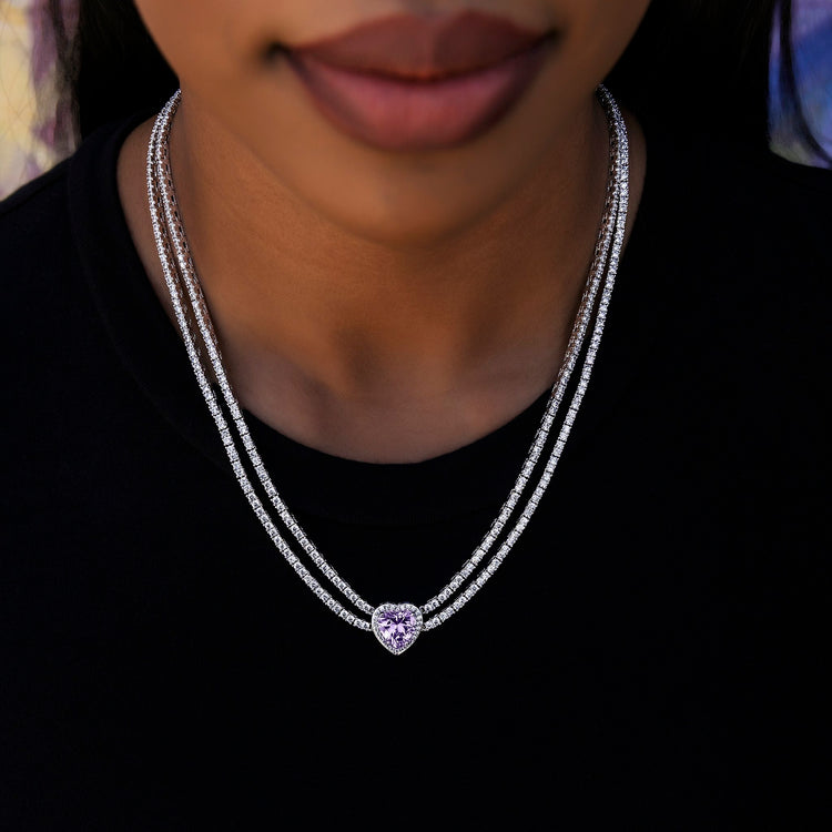 Purple Heart Diamond Double Row Tennis Necklace in White Gold