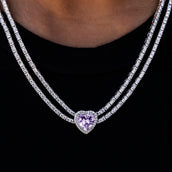 Purple Heart Diamond Double Row Tennis Necklace in White Gold