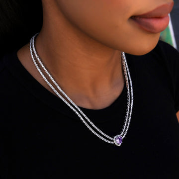 Purple Heart Diamond Double Row Tennis Necklace in White Gold