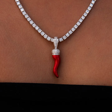 Iced Red Italian Horn Pendant in White Gold