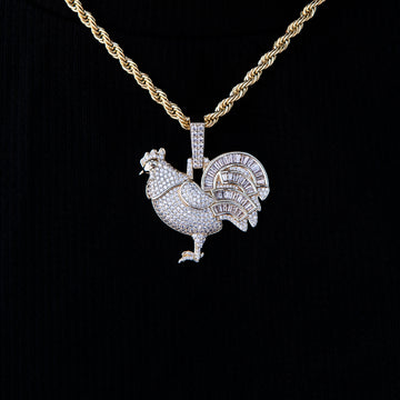 Iced Rooster Pendant in Yellow Gold