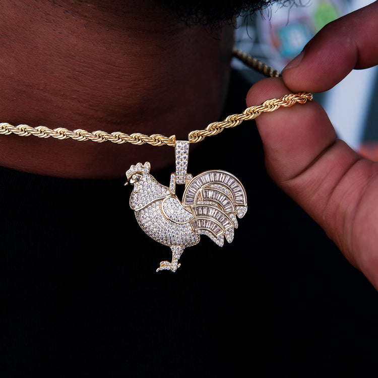 Iced Rooster Pendant in Yellow Gold