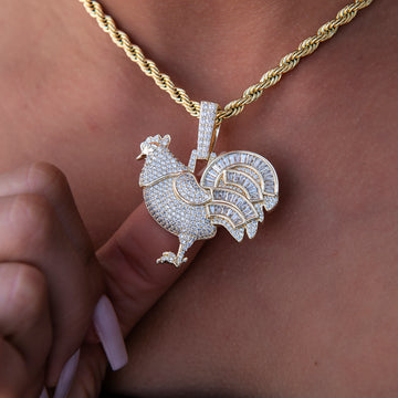 Iced Rooster Pendant in Yellow Gold