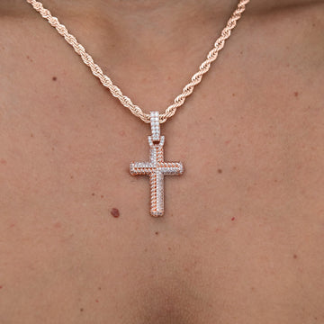 Iced Rope Mix Cross Pendant in Rose Gold