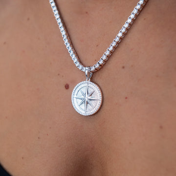 Compass Coin Pendant in White Gold