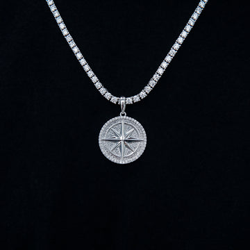 Compass Coin Pendant in White Gold