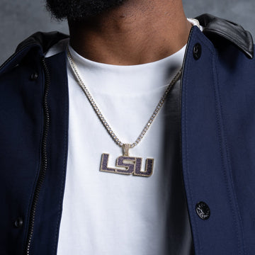 LSU Official NCAA Logo Pendant + 3mm Diamond Tennis Necklace in Yellow Gold Bundle