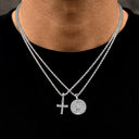 Micro Simple Cross and Saint Michael Coin Pendant Set in White Gold