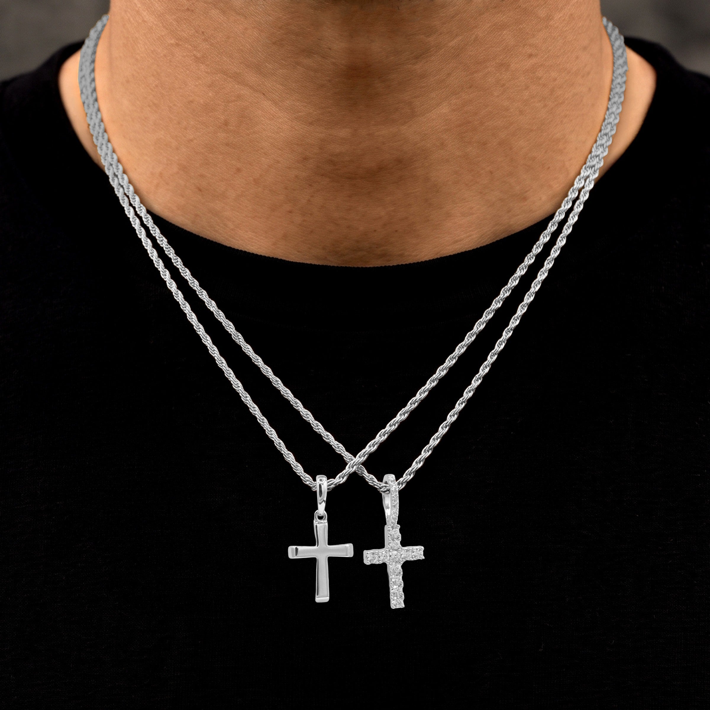 Micro Diamond Cross and Micro Simple Cross Pendant Set in White