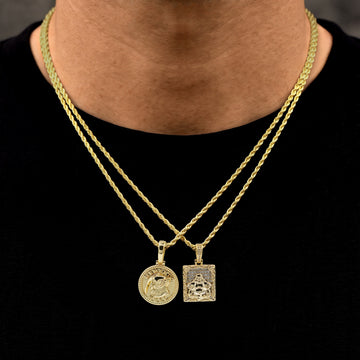 Diamond Buddha and Memento Mori Coin Pendant Set in Yellow Gold