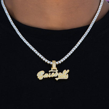 Baseball 101 Iced Wordmark Pendant in Yellow Gold