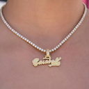 Baseball 101 Iced Wordmark Pendant in Yellow Gold
