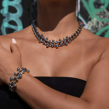 Circular Chain Necklace + Bracelet Bundle in White Gold