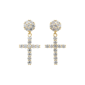 Women's Moissanite Diamond Studded Cross Earring in Yellow Gold Vermeil