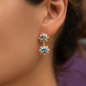 Iced Blue Double Flower Earring in Rose Gold