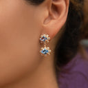 Iced Blue Double Flower Earring in Rose Gold