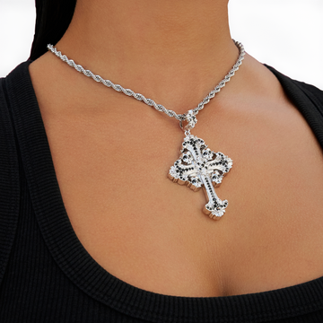 Medieval Cross Black Stones Pendant in White Gold