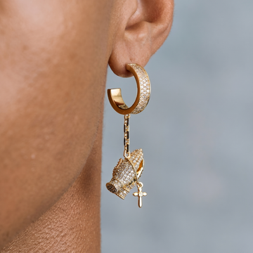 Iced Hanging Praying Hands Hoop Earring in Yellow Gold