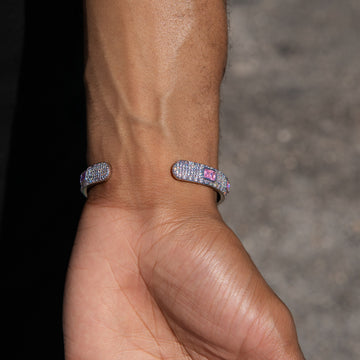 Iced Rock Pink Stationed Cuff Bracelet in White Gold