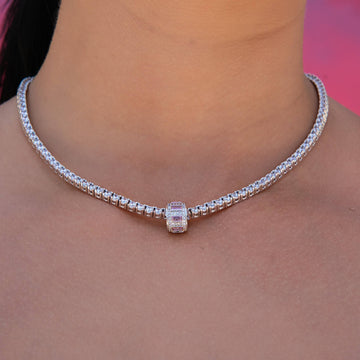 Iced Rock Pink Wheel Pendant in White Gold