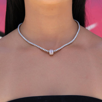 Iced Rock Pink Wheel Pendant in White Gold