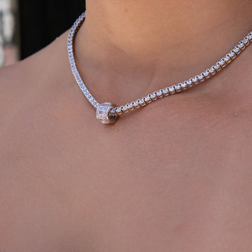 Iced Rock Pink Wheel Pendant in White Gold