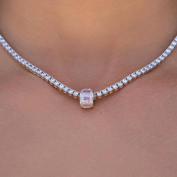 Iced Rock Pink Wheel Pendant in White Gold