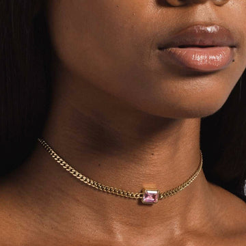 Micro Cuban Necklace w/ Pink Stone in Yellow Gold