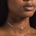 Micro Cuban Necklace w/ Pink Stone in Yellow Gold