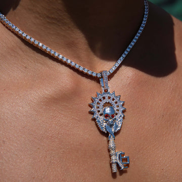 Large Iced Skull Key Pendant in White Gold