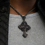 Medieval Cross Black Stones Pendant + 4mm Rope Chain in Black