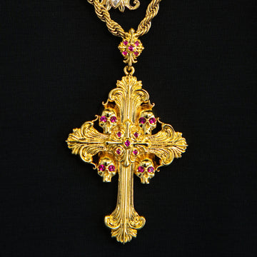 Medieval Cross Ruby Stones Pendant + 4mm Rope Chain in Yellow Gold