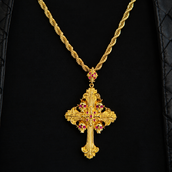 Medieval Cross Ruby Stones Pendant in Yellow Gold