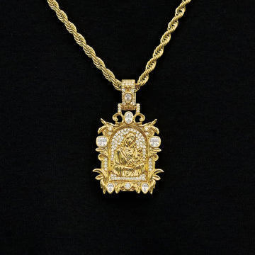 Iced Medieval Madonna and Child Pendant in Yellow Gold