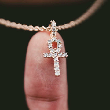 Solid Gold Micro Ankh Cross Pendant-VS Diamonds