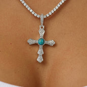 Turquoise Western Cross Pendant in White Gold