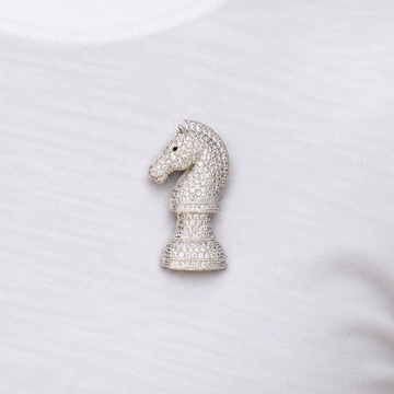 Iced Chess Knight Brooch in White Gold