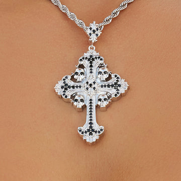 Medieval Cross Black Stones Pendant in White Gold