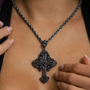 Medieval Cross Black Stones Pendant + 4mm Rope Chain in Black