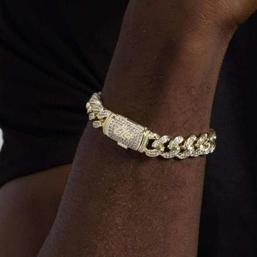 Juego de cadena y pulsera cubana de oro amarillo con diamantes - 12 mm