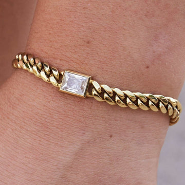Pulsera Cubana de Oro con Piedra de Talla Esmeralda - Miami