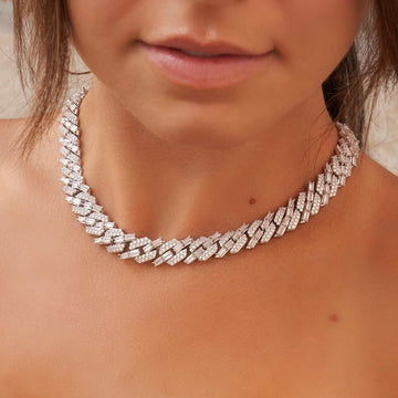 Cadena cubana de diamantes de piedras mixtas de 12 mm - Oro blanco