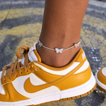 Micro Butterfly Tennis Anklet in White Gold