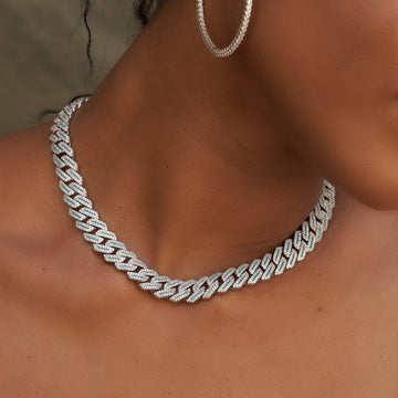 Luminous Diamond Prong Cuban Necklace in White Gold - 12MM