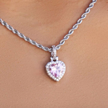 Minipendiente de corazón rosa helado en oro blanco