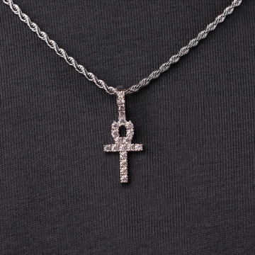Micro Iced Ankh Cross Pendant in White Gold