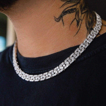 Baguette Chain Link Necklace in White Gold- 8mm